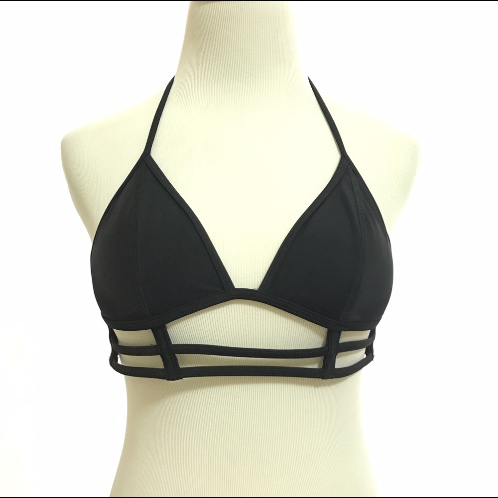PINK Bikini Top S Halter Padded Cup Bow Tie Black